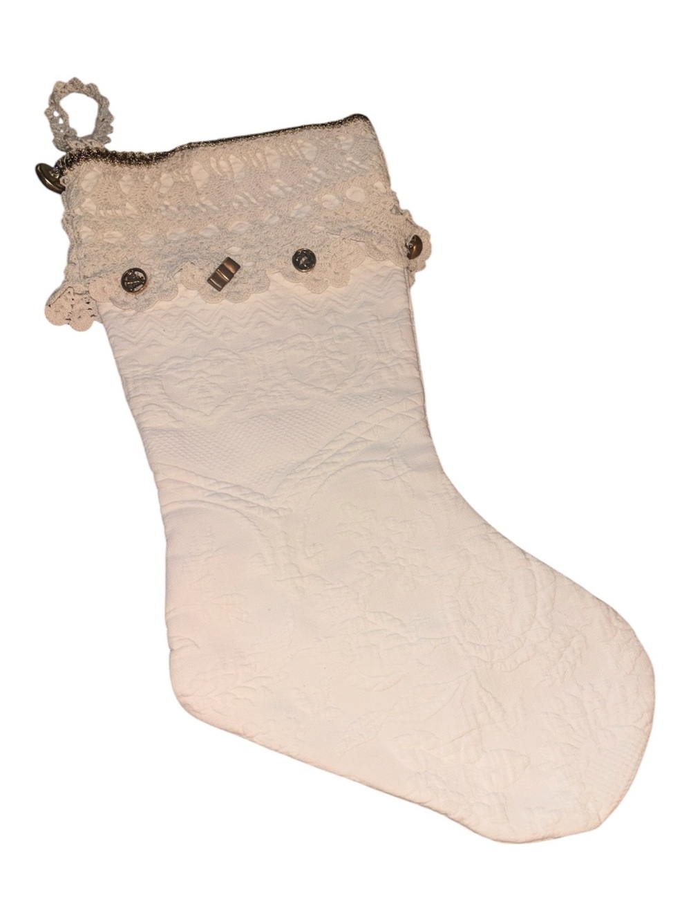 Lace Trim vintage Handmade Quilted Holiday Stocking with unique button accents